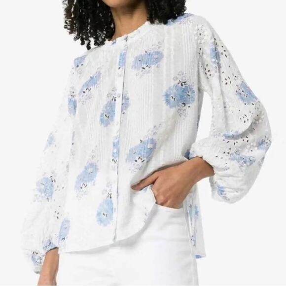 LoveShackFancy Spectra Floral Button down eyelet blouse white cotton blue floral - Picture 13 of 14